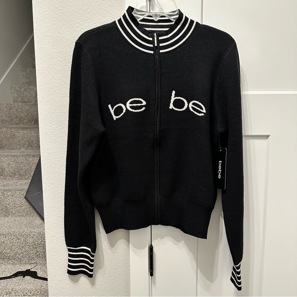 NWT bebe Black Zip-Front Logo Cardigan with Striped Trim size M